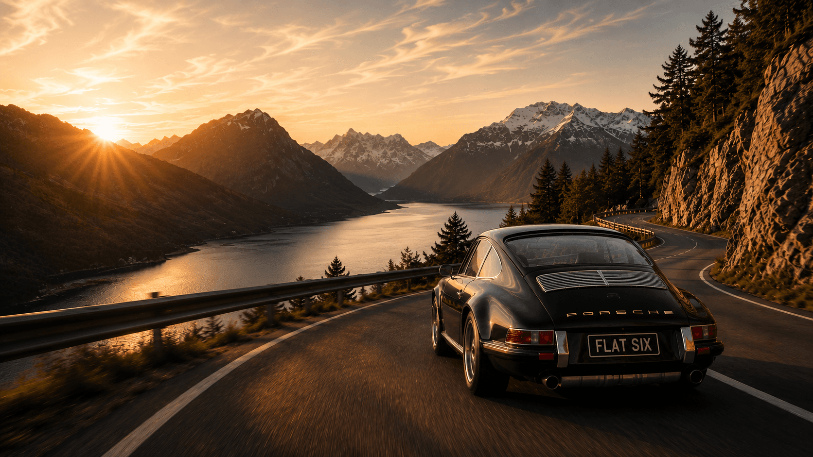 Classic Porsche 911 on a mountain road at sunset